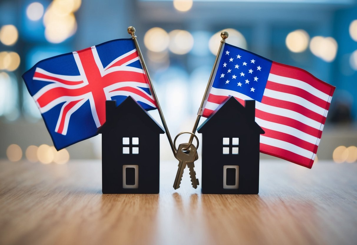 A UK flag and a US flag side by side, with a house and a set of keys in the middle, symbolizing the process of securing a UK mortgage for UK expats in the USA