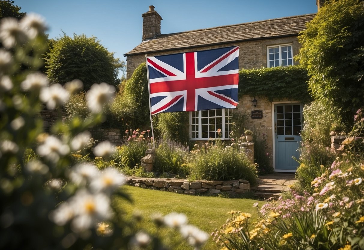 A British flag flying outside a traditional stone house with a "For Sale" sign, surrounded by a lush green garden and a clear blue sky