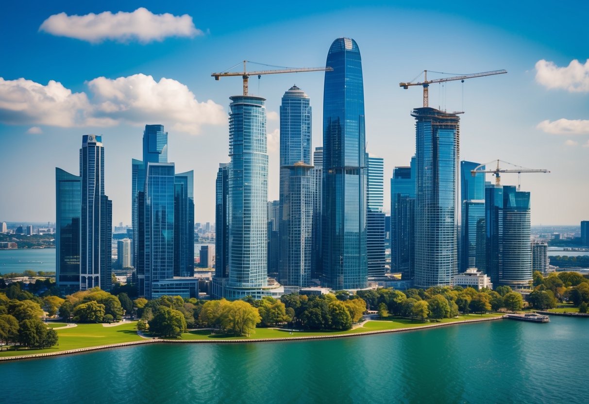 A bustling city skyline with modern skyscrapers and construction cranes, surrounded by green parks and waterfront properties