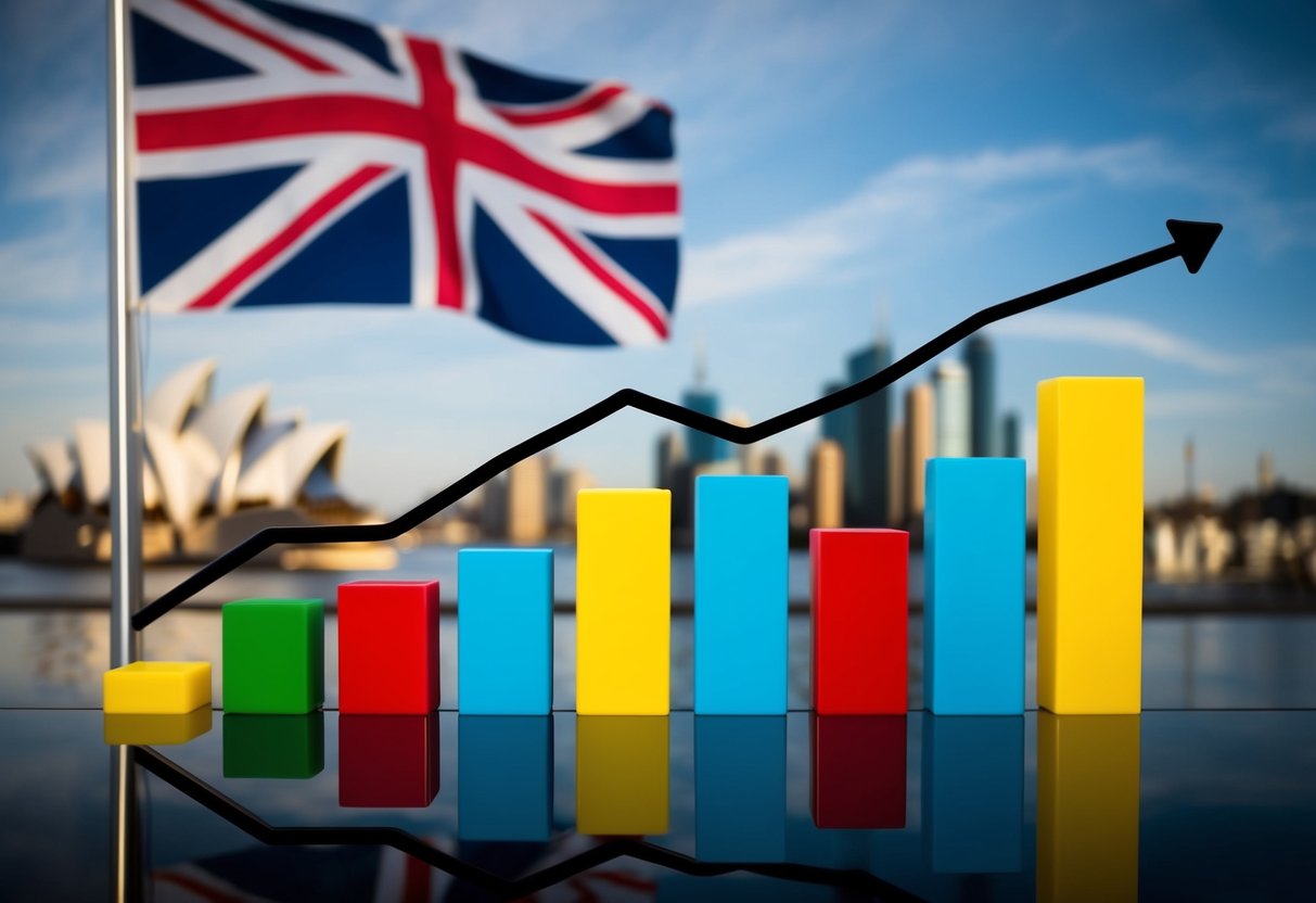 A graph showing fluctuating property values in the UK, with Australian flag in the background