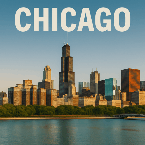 Chicago skyline with riverfront buildings, symbolising British expats in Chicago exploring UK expat mortgage solutions