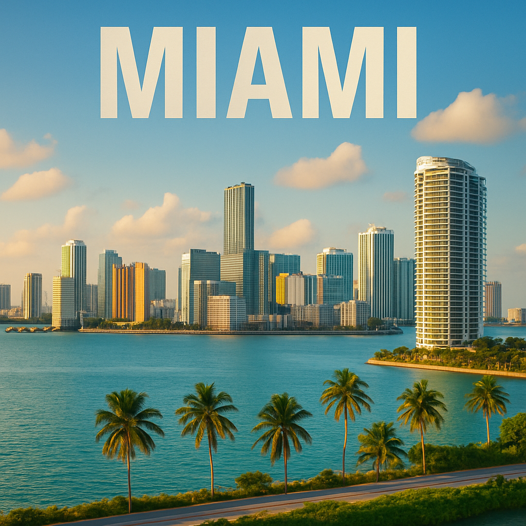 Miami skyline with Biscayne Bay and palm trees, representing British expats in Miami arranging UK expat mortgages from the US