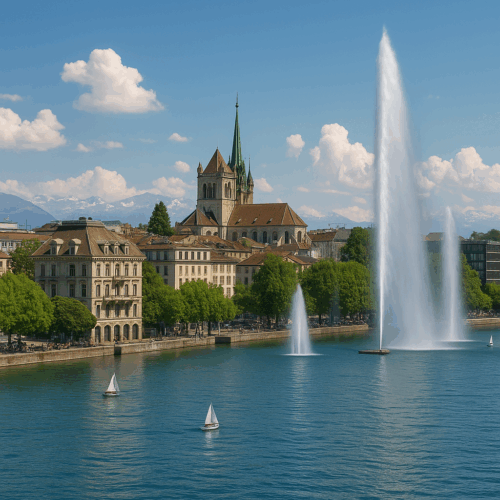 Geneva’s Jet d’Eau and St. Pierre Cathedral viewed over Lake Geneva, highlighting a prime region where UK mortgage applicants living in Switzerland are based.